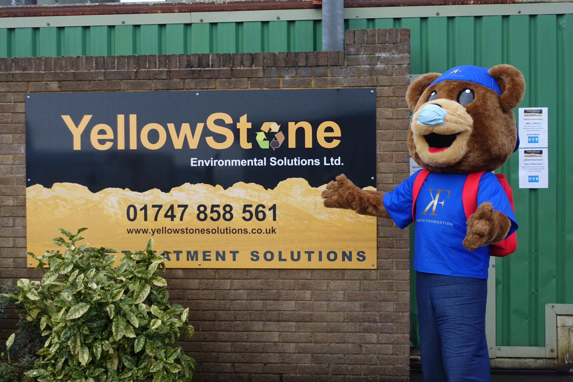 theo the bear standing in front of the yellowstone sign