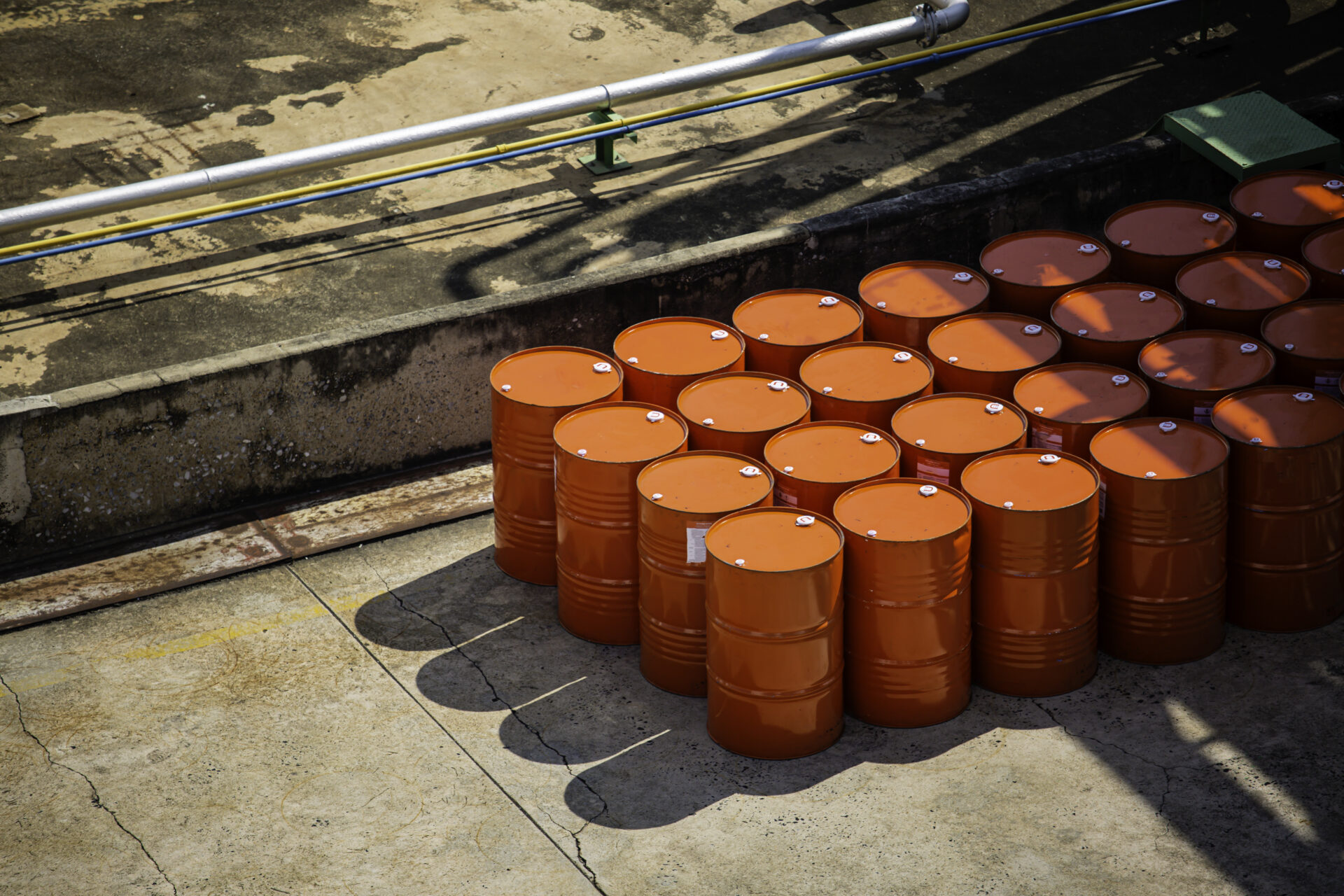 Top view oil barrels orange or chemical drums horizontal